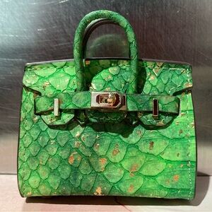 🐍👜 Handmade Genuine Leather Mini Green Python-Embossed Textured Birkin Bag Charm